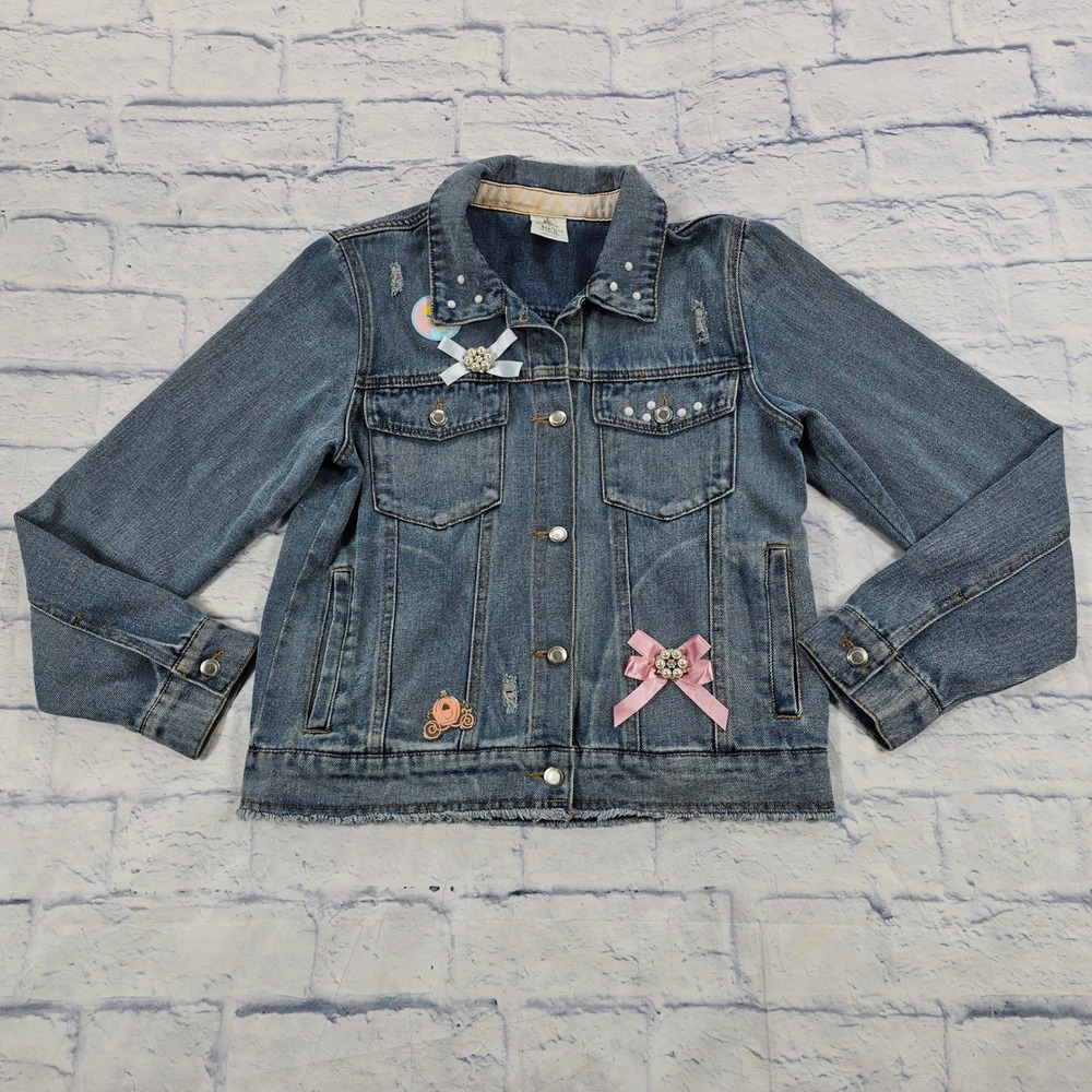 Disney Denim Jacket Youth 13 Cinderella Princess Pearl Bow Distressed Raw Hem